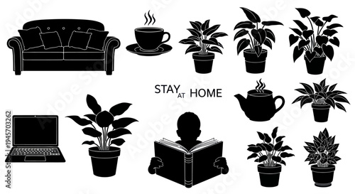 Stay at Home Silhouette Concept with Furniture Plants and Reading