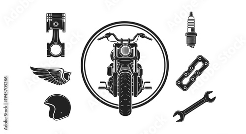 Black  White Vector Icons: Motorcycle, Piston, Wings, Helmet, Wrench, Spark Plug