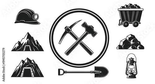 Mining Icons Set: Helmet, Pickaxe, Shovel, Cart, Lantern, Mountains, Coal