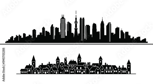 Black  White Skyline Silhouettes: Modern City  Old Town Architecture