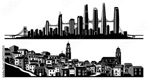 Black and White Cityscapes: Modern Skyline vs. Old Town Silhouette