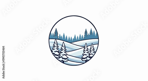 Circular emblem featuring a serene snow-covered landscape with pine trees