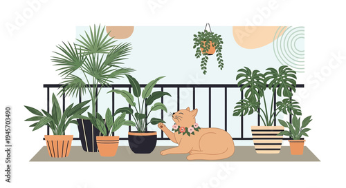 Cozy Balcony Garden with Cat Illustration, Tropical Plants and Abstract Shapes