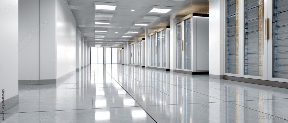 Fototapeta premium Room features empty server racks with blue lights, showing modern technology and data storage in a sleek environment