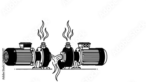 Two industrial pumps connected, emitting steam