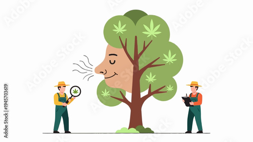 Two farmers examine a tree with a face and cannabis leaves, one sniffing the air