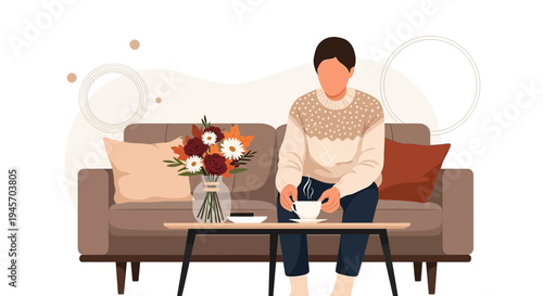 Cozy Autumn Scene: Person with Coffee and Flowers on Sofa
