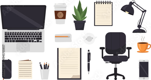 Workspace essentials laptop, chair, desk lamp, coffee, plant, and writing tools