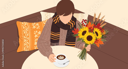Cozy Autumn Scene: Person with Coffee and Sunflower Bouquet in Cafe