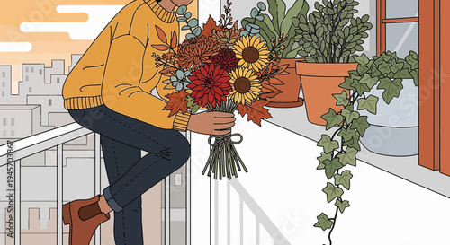 Cozy Autumn Scene: Person with Bouquet on Balcony, Surrounded by Plants