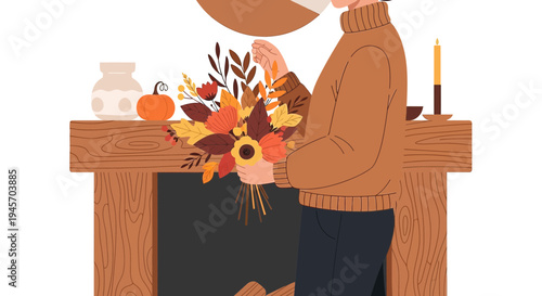 Cozy Autumn Scene: Person with Fall Bouquet by Fireplace