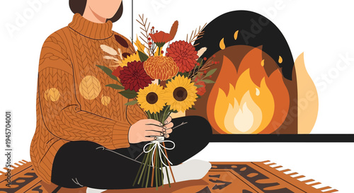 Cozy Autumn Scene: Person with Flowers by Fireplace
