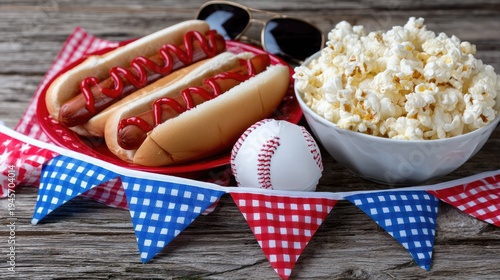 An arrangement of sports snacks placed on a wooden background includes hot dogs, popcorn, fries, chicken wings, and drinks