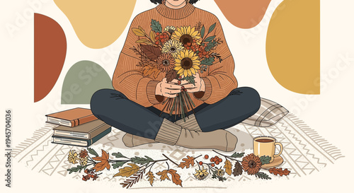 Cozy Autumn Scene: Person with Flowers, Books, and Coffee