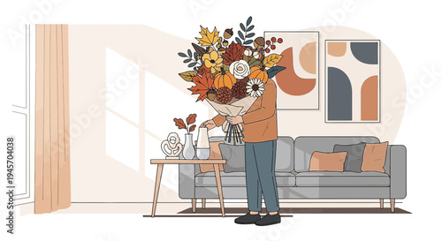 Cozy Autumn Scene: Person with Large Bouquet in Living Room, Modern Art