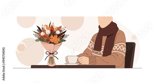 Cozy Autumn Scene: Person with Scarf and Coffee, Bouquet of Fall Flowers
