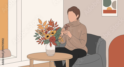 Cozy Autumn Scene: Woman Admiring Fall Flowers in a Minimalist Living Room