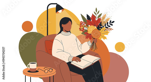 Cozy Autumn Scene: Woman Reading with Flowers and Coffee