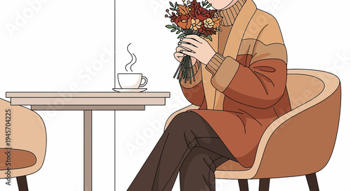 Cozy Autumn Scene: Woman with Bouquet and Coffee at Cafe