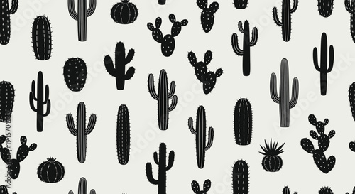 Black Cactus Silhouette Seamless Pattern on White Background for Textile