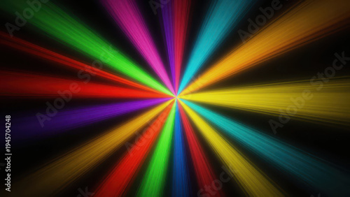 Vibrant Rainbow Colored Light Rays Radiating Outward From a Central Point Against Dark Background Creating Dynamic Abstract Motion Effect for Creative Design or Digital Media Projects