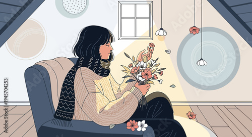 Cozy Autumn Scene: Woman with Bouquet in Armchair, Soft Light, Minimalist Illustration