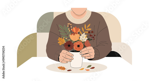 Cozy Autumn Sweater with Floral Bouquet Illustration