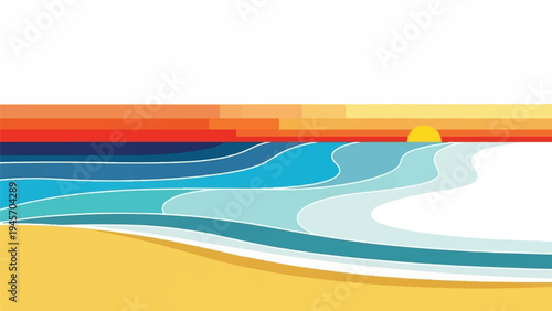 Stylized sunset over ocean waves and sandy beach