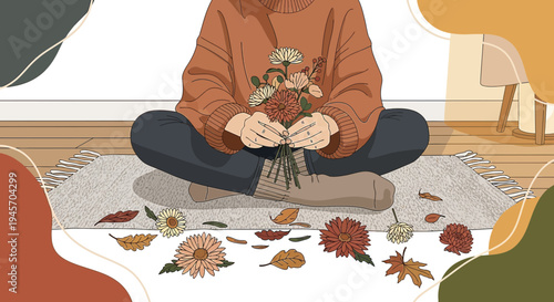 Cozy Autumn Vibes: Person Holding Flowers Surrounded by Fall Leaves