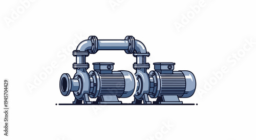 Two industrial pumps connected by pipes, isolated on white