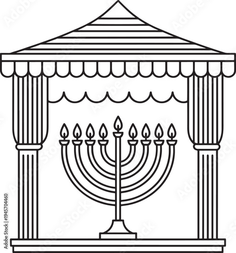 Illustration of a menorah inside a classical temple structure, blue line art