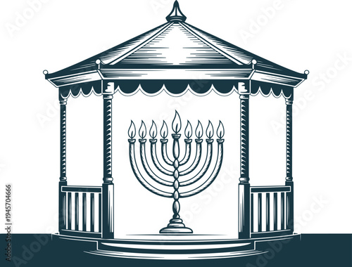 Detailed vector illustration of a menorah within an ornate gazebo, blue line art
