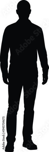 Male silhouette standing, long pants, long-sleeved shirt, upright posture, human form outline, identity concept, design artwork, minimalist illustration