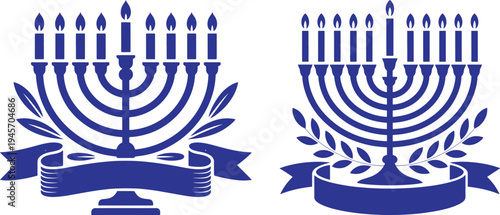 Two blue vector illustrations of menorahs with laurel wreaths and banners for hanukkah with laurel wreath