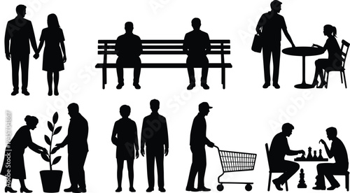 Collection of people silhouettes showing daily life activities including couple walking, sitting on bench, shopping, gardening, meeting, and playing chess isolated on white