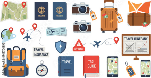 Travel and Tourism Elements Collection with Passport, Suitcase, Map, Camera, Tickets, and Vacation Planning Icons Vector Set