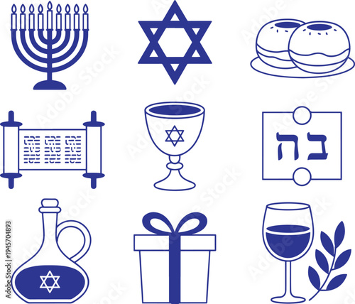 Blue vector icons for hanukkah and jewish culture: menorah, scroll, wine, gifts, torah, wine glass, star of david, olive oil