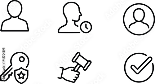 A set of six simple black line icons on a white background