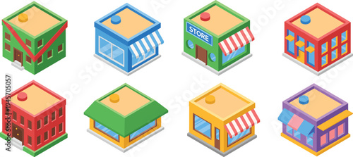 Colorful isometric small business buildings set retail shop storefront icons modern 3D vector architecture collection for city map UI design
