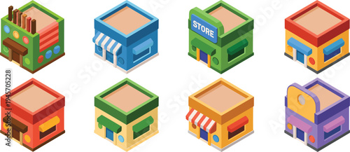 Colorful isometric shop and retail store building icons collection modern small business storefront vector set for city map design