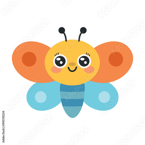 Cute butterfly cartoon character for kids. Friendly insect with colourful wings in simple flat vector style. Perfect for nursery decor, stickers, flashcards, worksheets and preschool learning material