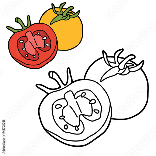 whole and slice tomatos in red and yellow colour and black outline versions. Simple flat illustration isolated on light background for menu, food design, colouring or coloring page.