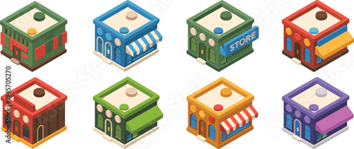 Isometric colorful shop buildings set, small retail stores collection, cartoon city market architecture icons, business storefront illustration pack