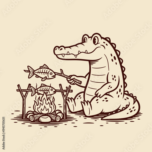 Crocodile grilling fish over campfire outdoors.