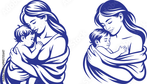 Mother and child embrace illustrations with mothers day