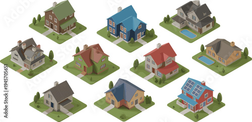 Isometric suburban houses collection, modern residential homes, colorful neighborhood buildings, real estate property concept, family houses with gardens, pools, solar energy