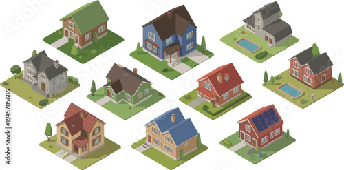 Isometric suburban houses set, colorful residential homes, modern neighborhood architecture, real estate property collection, family houses with gardens, pools, solar panels
