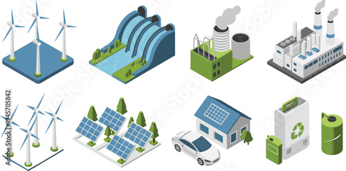 Renewable energy and sustainable power generation concept, wind turbines, solar panels, hydropower dam, battery storage, eco friendly electricity production