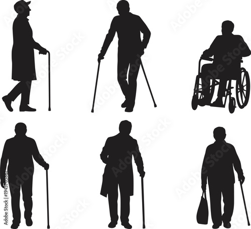 Set of elderly people silhouettes walking with cane, crutches and wheelchair, senior citizens mobility aid collection isolated on white background, aging concept