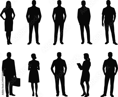Professional people silhouettes, business attire, casual stance, briefcase holding, tablet usage, workplace diversity, office teamwork, character illustration artwork design